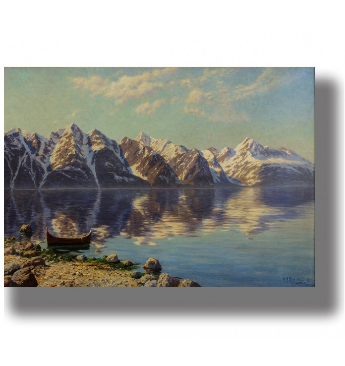 Wall decor mockup: Svalbard fjord landscape—snow-capped mountains, still water reflection, small boat near rocks.