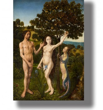 Religious image of Adam and Eve with the serpent and the Tree of Knowledge in a detailed garden scene.