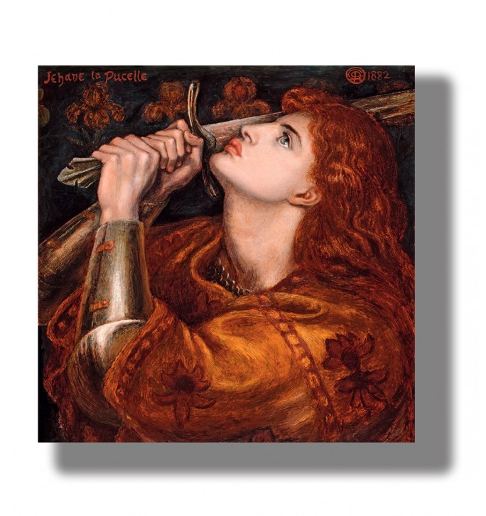 Pre-Raphaelite portrait of Joan of Arc with red hair, armor, and a wooden staff against a dark background.