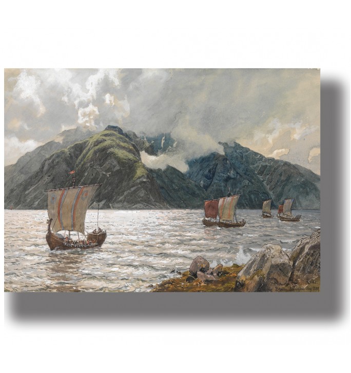 Viking drakkars sailing on a northern sea near rocky Scandinavian mountains.