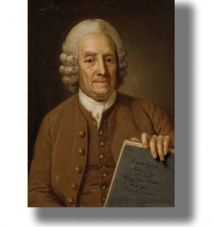 Portrait of Emanuel Swedenborg in an 18th-century brown coat holding a book against a dark background
