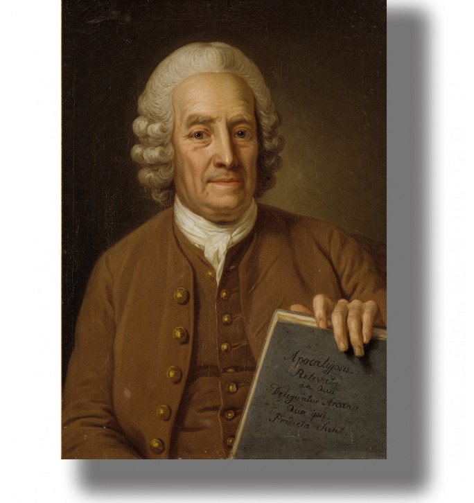 Portrait of Emanuel Swedenborg in an 18th-century brown coat holding a book against a dark background