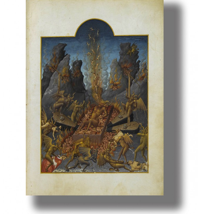 Old religious image showing demons tormenting sinners in hell with flames and dark rocks.