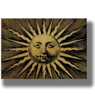 Old illustration of a sun with a human face surrounded by long rays.