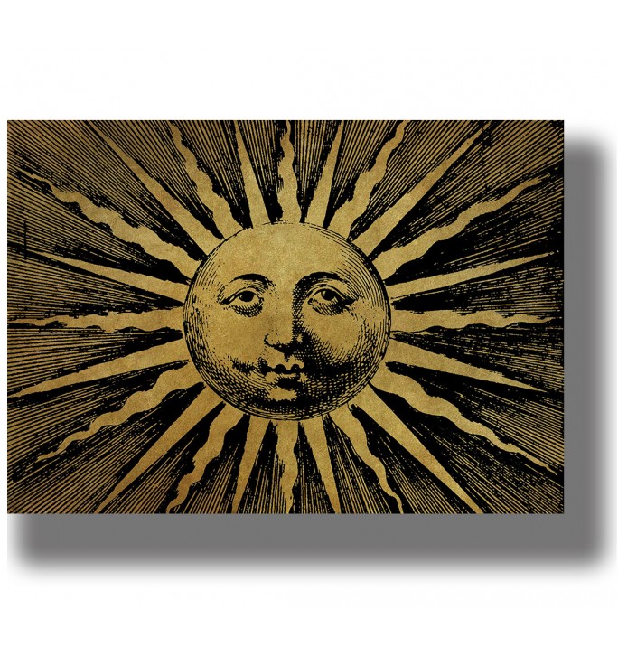 Old illustration of a sun with a human face surrounded by long rays.