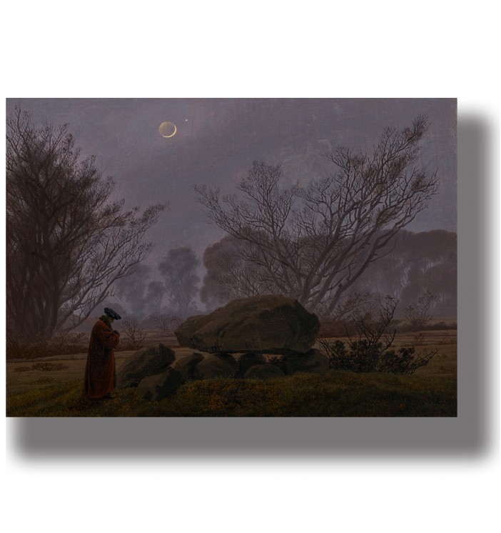 Romantic night scene with a person standing by rocks, bare trees, and a pale moon in the sky.