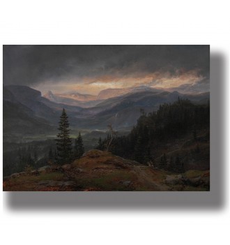 A landscape painting of a Norwegian mountain valley with rolling hills, and distant peaks under a cloudy sky with sunset light.