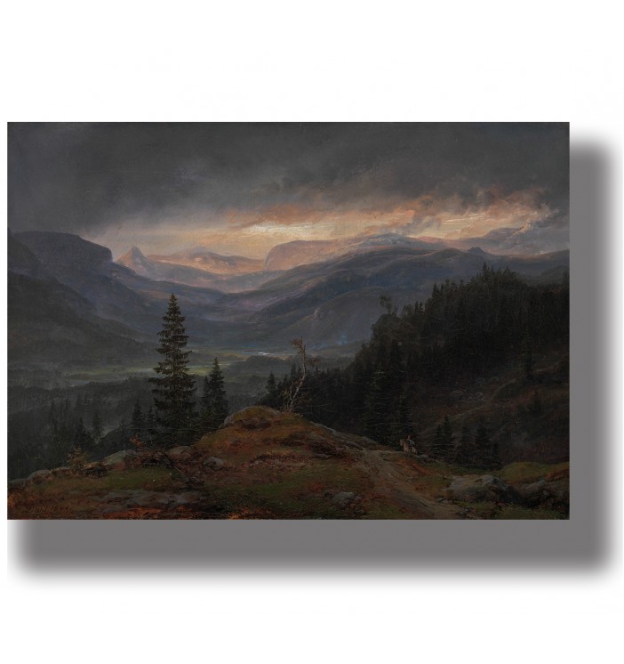 A landscape painting of a Norwegian mountain valley with rolling hills, and distant peaks under a cloudy sky with sunset light.
