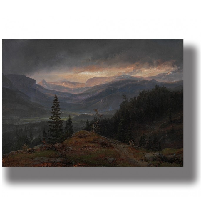 A landscape painting of a Norwegian mountain valley with rolling hills, and distant peaks under a cloudy sky with sunset light.