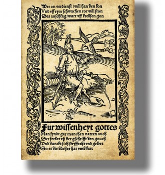 Medieval woodcut showing a fool in a jester’s cap riding a large crayfish-like creature through a rural landscape.