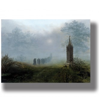 Romantic landscape with a group of cloaked figures in mist, trees and a stone cross in the background.