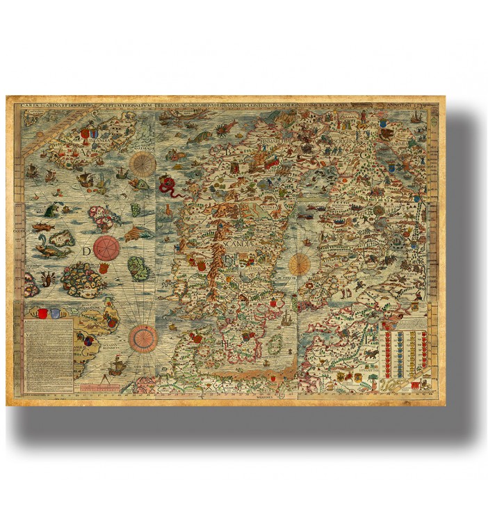 Historical map of the North with ornate cartography, sea monsters, and detailed Nordic geography.