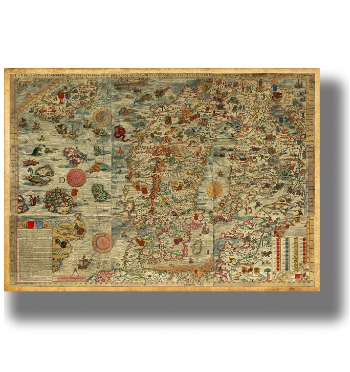 Historical map of the North with ornate cartography, sea monsters, and detailed Nordic geography.