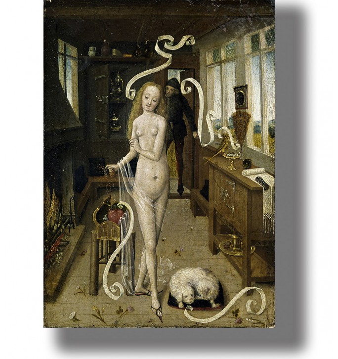 Vintage print showing a nude woman performing a love spell ritual inside a room.