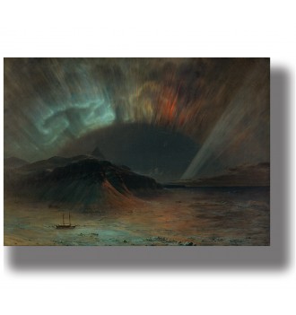 Painting of northern lights over a cold sea with mountains and a small ship in the Arctic night