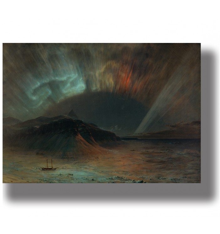 Painting of northern lights over a cold sea with mountains and a small ship in the Arctic night