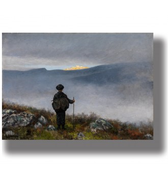 Figure looking toward the golden Soria Moria castle in a misty mountain landscape, painting by Theodor Kittelsen