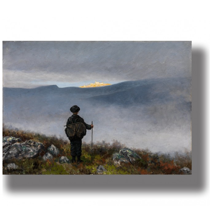 Figure looking toward the golden Soria Moria castle in a misty mountain landscape, painting by Theodor Kittelsen