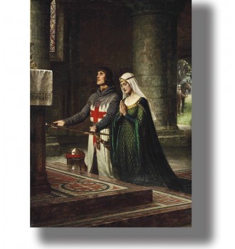 Romantic medieval painting by Edmund Blair Leighton showing a knight and a maiden praying in a church interior