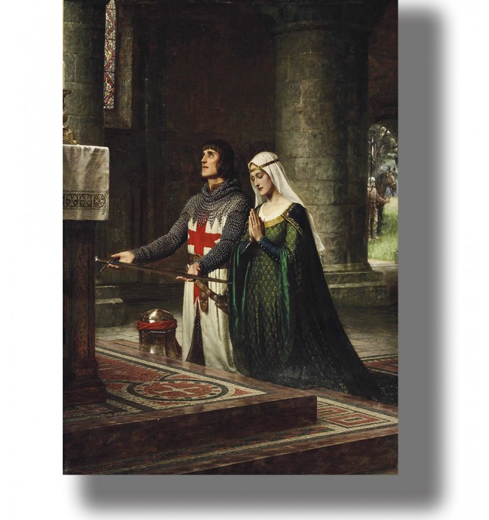 Romantic medieval painting by Edmund Blair Leighton showing a knight and a maiden praying in a church interior