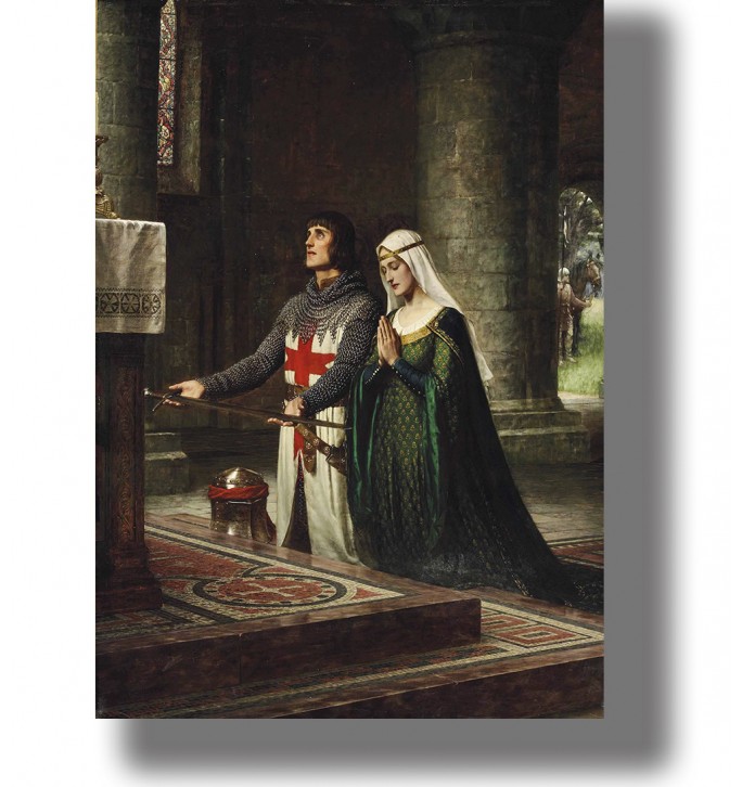 Romantic medieval painting by Edmund Blair Leighton showing a knight and a maiden praying in a church interior