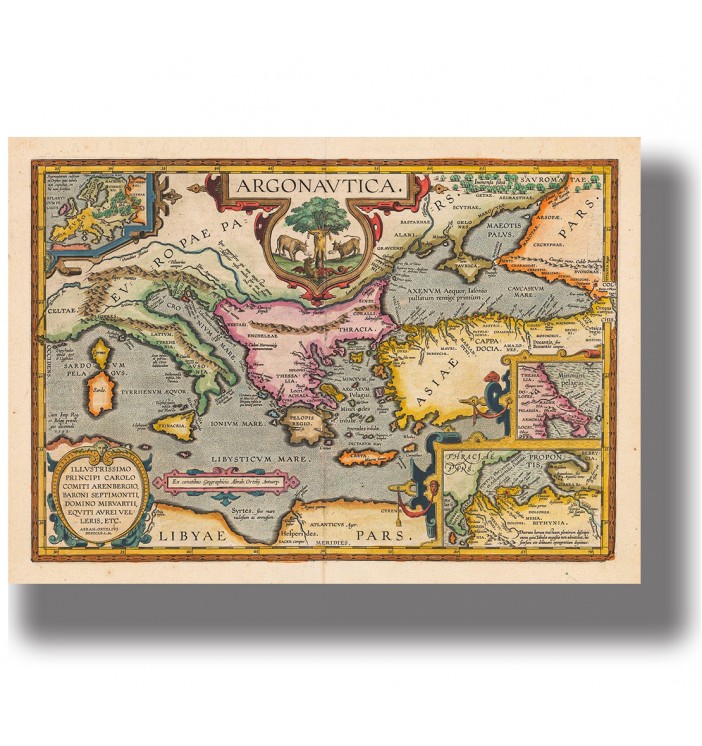 Antique map showing the voyage of Jason and the Argonauts across the ancient Mediterranean world