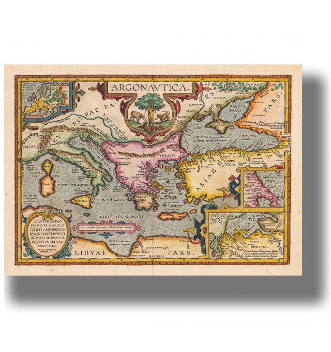 Antique map showing the voyage of Jason and the Argonauts across the ancient Mediterranean world