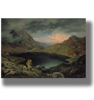 Romantic mountain landscape with a dark lake, dramatic clouds, and a warm sunset glow.