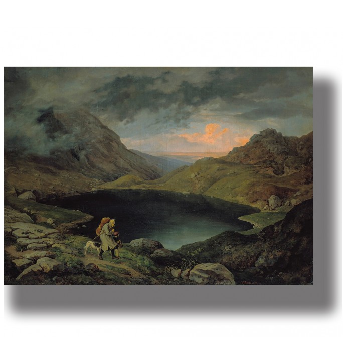 Romantic mountain landscape with a dark lake, dramatic clouds, and a warm sunset glow.