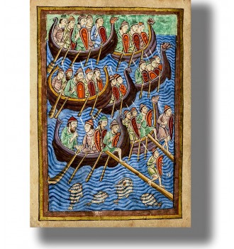 Historical manuscript-style image of Viking longships filled with warriors on a blue sea.
