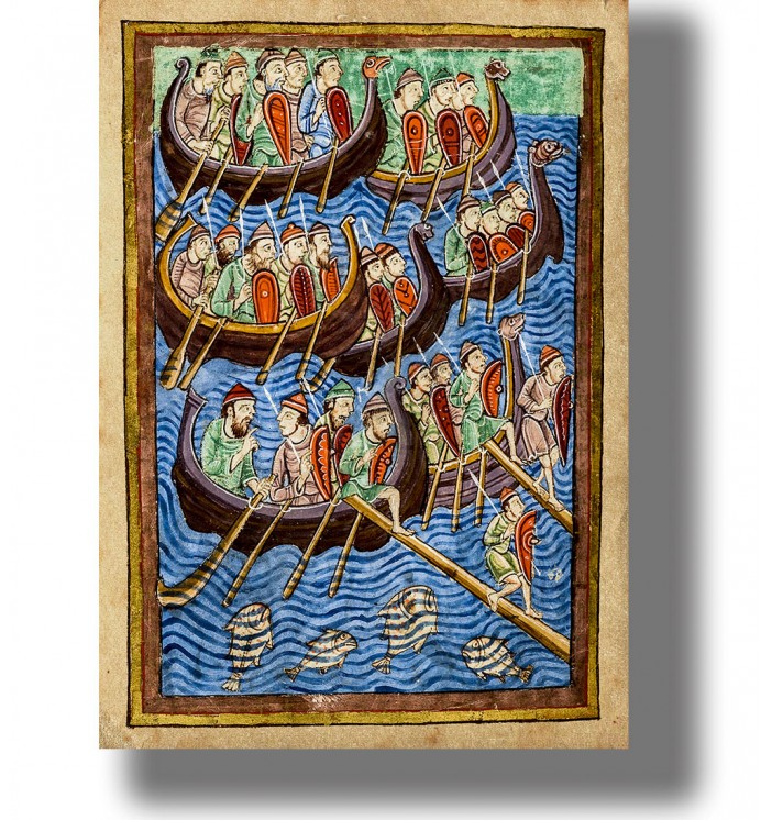 Historical manuscript-style image of Viking longships filled with warriors on a blue sea.