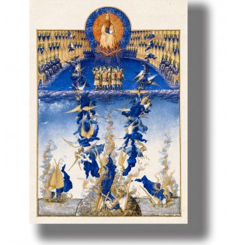 Medieval manuscript illustration of angels battling demons and strange creatures in the sky.