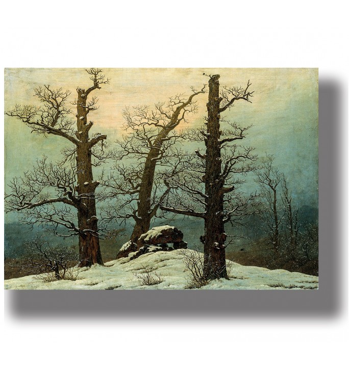 Snowy landscape with bare trees and a large stone cairn. Quiet winter scene with muted colors and a calm atmosphere.