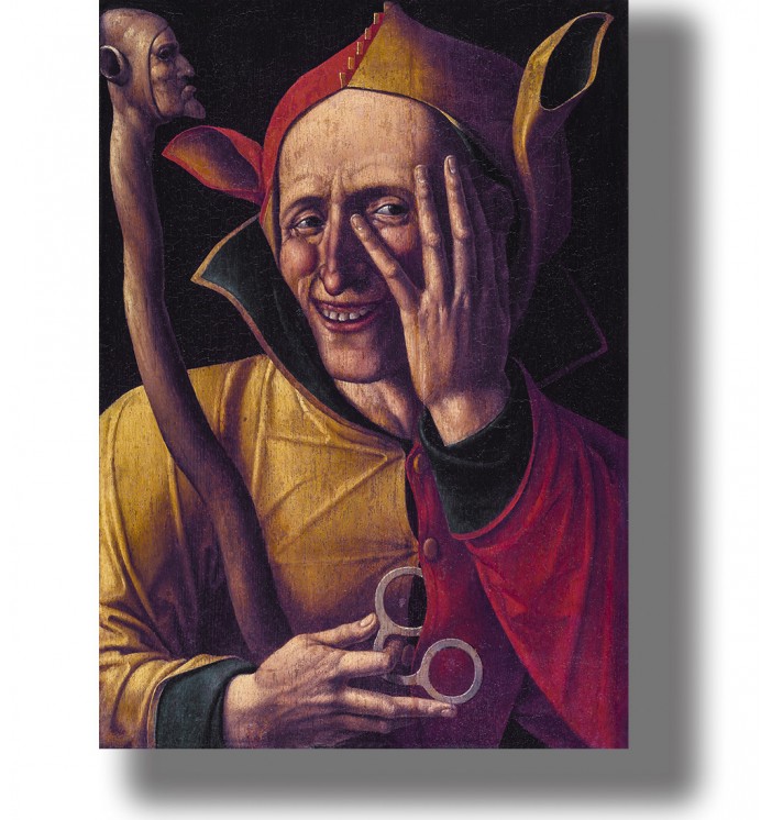 Medieval portrait of a laughing fool in colorful clothing holding a staff with a carved head