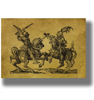 Old illustration showing two armored knights fighting with swords on horseback.