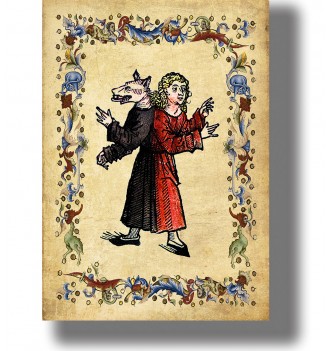 Illustration of a werewolf from the 1551 Historiae Animalium with medieval border