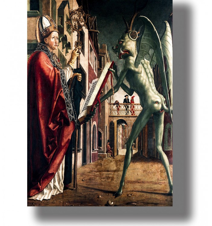 Historical religious painting of Saint Wolfgang holding a crozier and book before a demon figure.