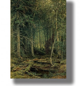Painting of a dense green forest with tall trees and a small stream flowing through mossy ground.