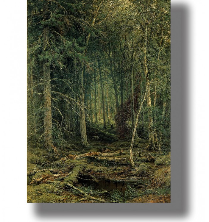 Painting of a dense green forest with tall trees and a small stream flowing through mossy ground.