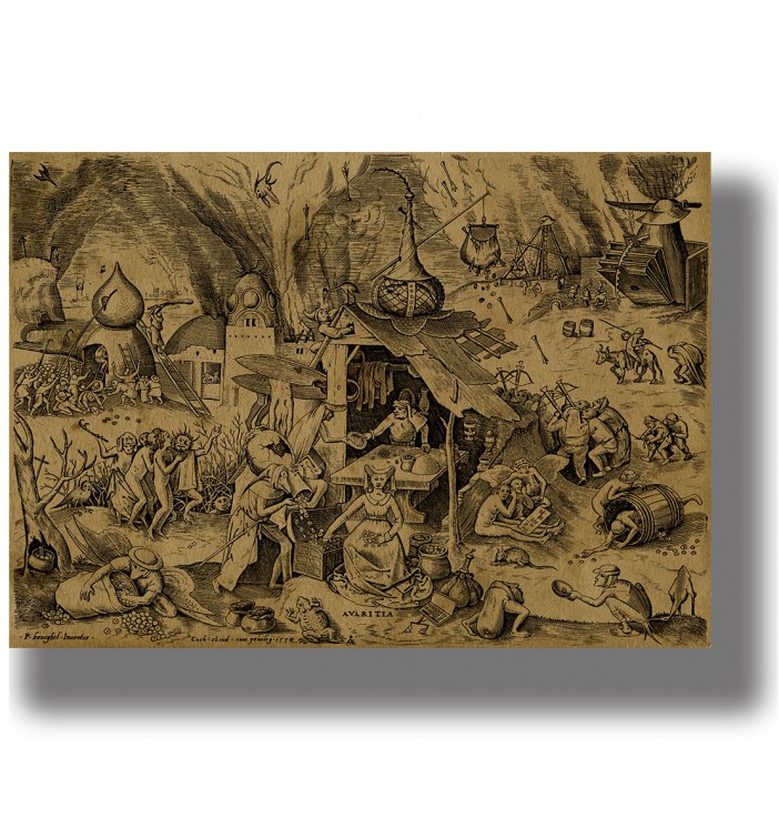 Old engraving showing the allegory of Greed surrounded by coins, strange creatures, and bizarre scenes.