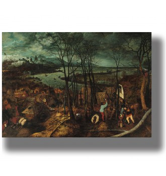 Northern Renaissance scene with a village, leafless trees, and people working on a cold, gloomy day.