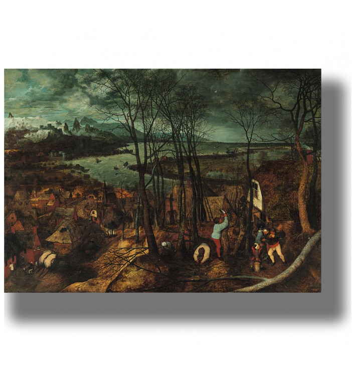 Northern Renaissance scene with a village, leafless trees, and people working on a cold, gloomy day.