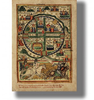 Medieval illustrated map of Jerusalem with a small buildings, Latin labels, and knights riding at the bottom.