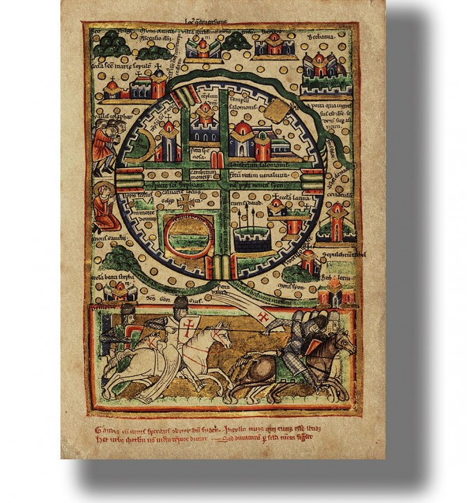 Medieval illustrated map of Jerusalem with a small buildings, Latin labels, and knights riding at the bottom.