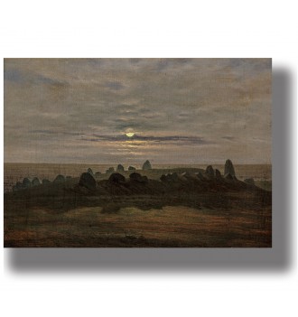 Stone Age burial mound with standing stones under a pale full moon and heavy clouds in a dark landscape.