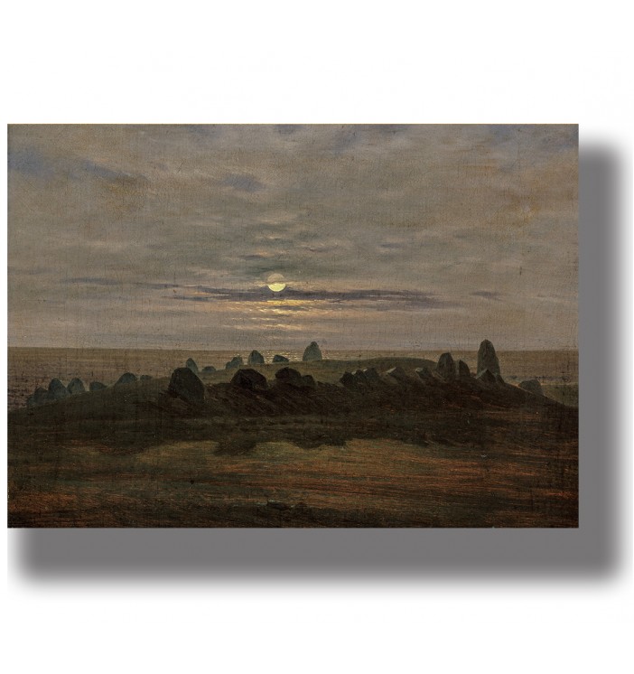 Stone Age burial mound with standing stones under a pale full moon and heavy clouds in a dark landscape.
