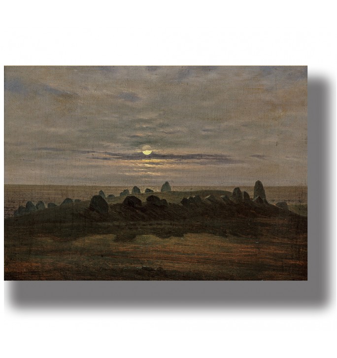 Stone Age burial mound with standing stones under a pale full moon and heavy clouds in a dark landscape.