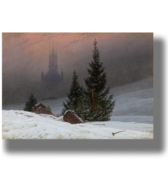 Painting of a Gothic cathedral in winter with trees and light mist around it.