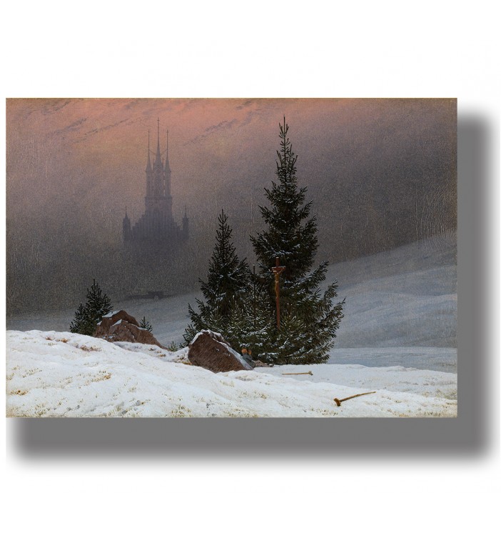 Painting of a Gothic cathedral in winter with trees and light mist around it.