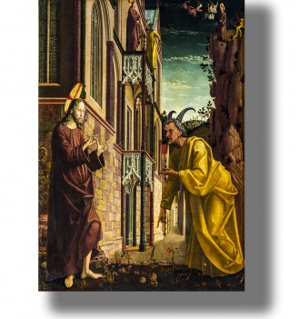 Medieval painting of Christ confronting the horned Devil beside a Gothic building in a biblical scene.